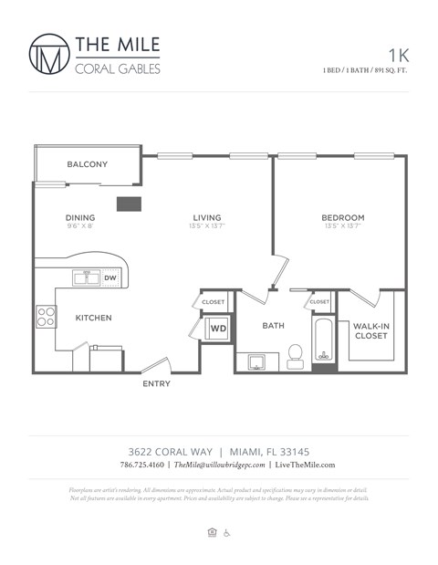 Floor plan for 1 bed, 1 bath, 891 sqft